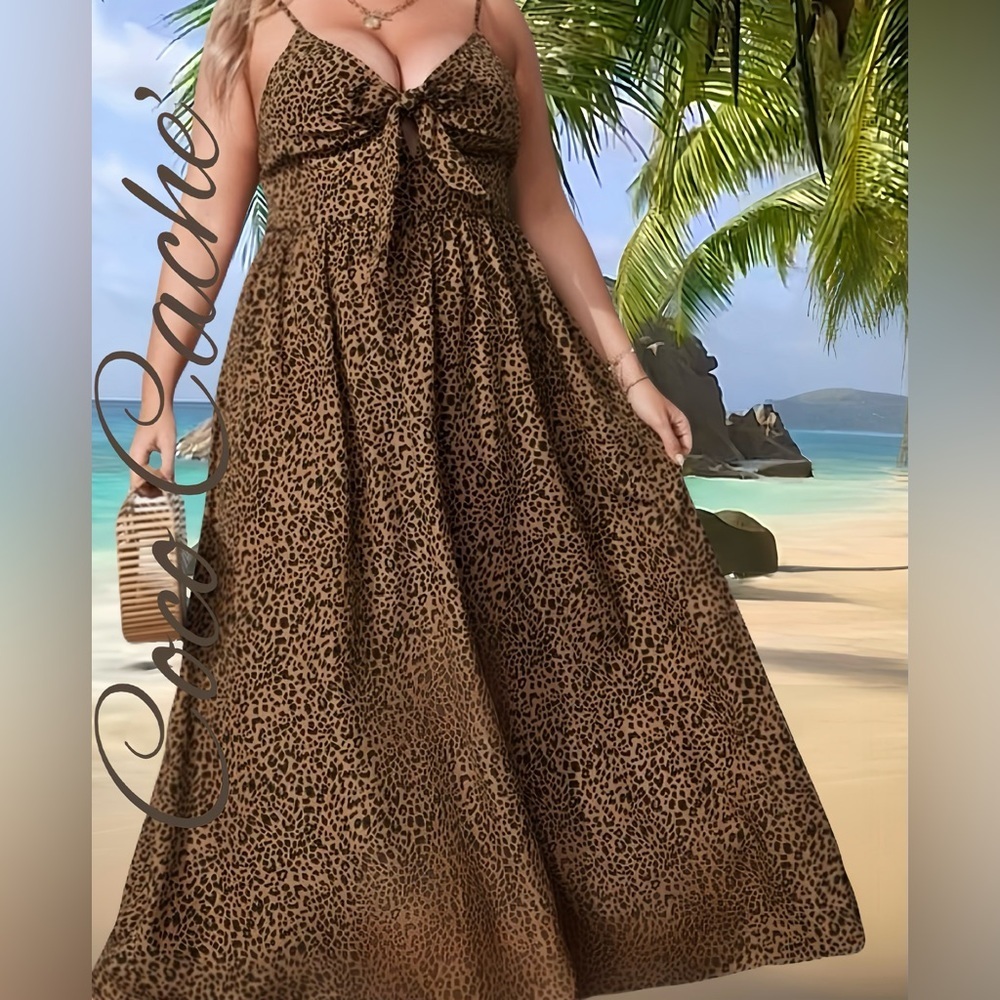 Classy Flared Hem Sleeveless Spaghetti Straps Leopard Print Long Maxi Dress